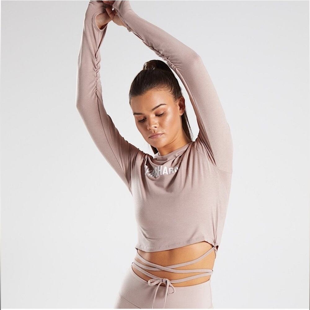 Gymshark Pink Beige Cropped Ruched Tie Up Ribbon Long Sleeve Top‎ Size M